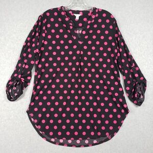 Cato Women's Polka Dot Blouse Pink Black Roll-Tab Sleeve Medium M Top